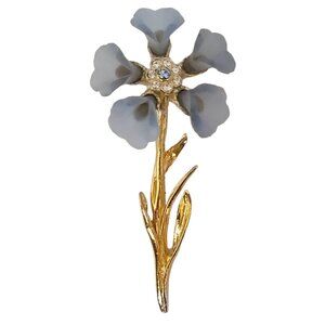 VMFA Gold Tone Blue Clear Rhinestones Blue Lucite Flower Lily Brooch, Signed